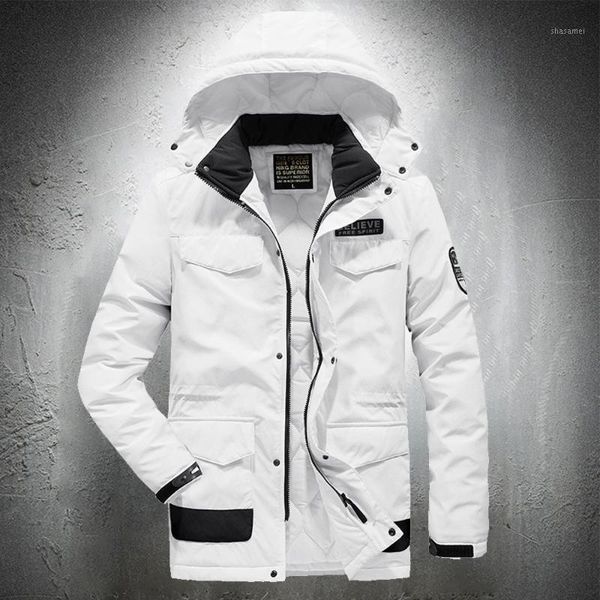 

autumn men outdoor jacket cotton padded jacket outwear windbreaker hooded coat men white with multi-pockets plus size 4xl1, Black