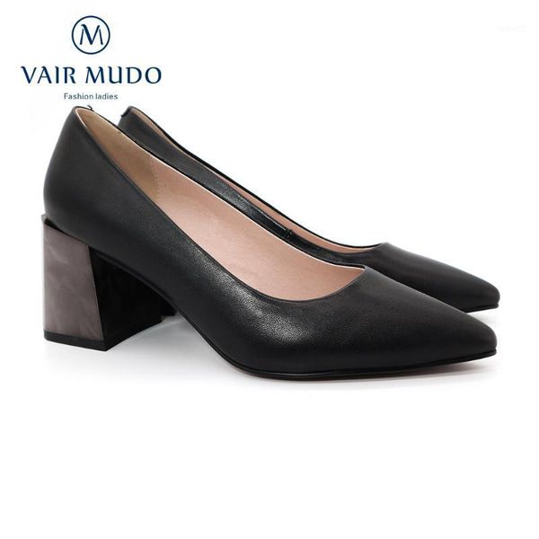 

dress shoes vair mudo elegant women pump high thick heels basic genuine leather concise casual office career comfortable sheepskin d221, Black