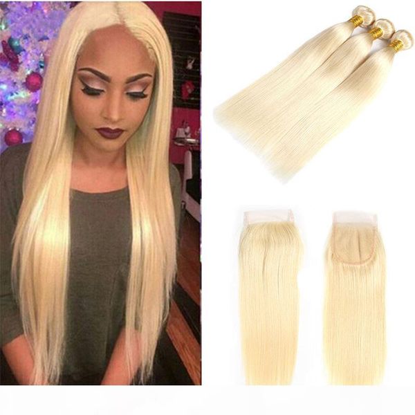 

brazilian 613# honey blonde hair weave bundles with closure honey blonde 3 pieces human hair extensions with closure non remy hair, Black