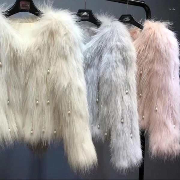

v-neck coat women faux raccoon fur pearls tassels imitation fur beaded coat cardigan single-breasted 20201, Black