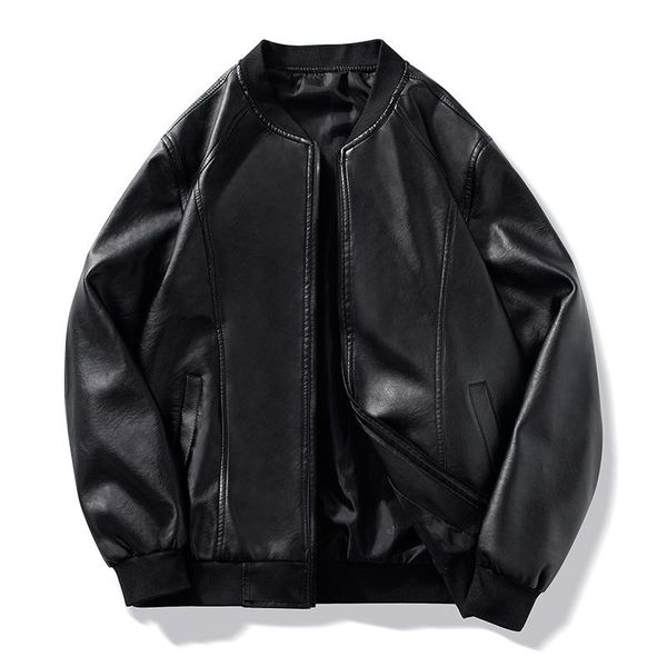 

men's fur & faux style baseball collar leather jacket korean loose fashion cool motorcycle wear casual coat oversized, Black