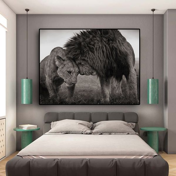 Lions cabeça para cabeça preto e branco tela de arte pintura e impressões escandinavos cuadros parede arte para sala de estar y200102