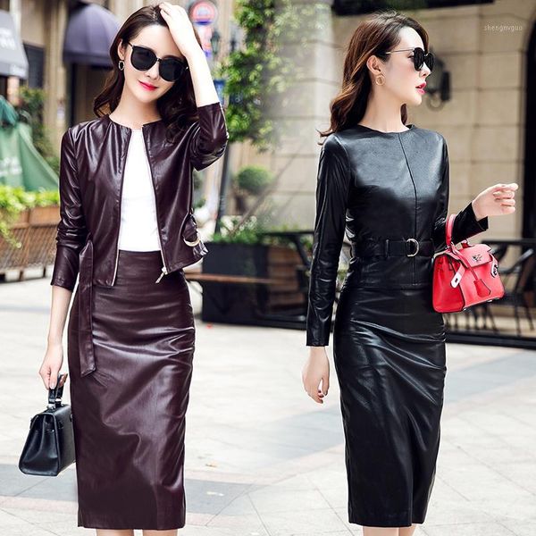 

leather women's short autumn new fashion pu leather slim wrap hip skirt shirt suit show thin korean coat two-piece set1, White