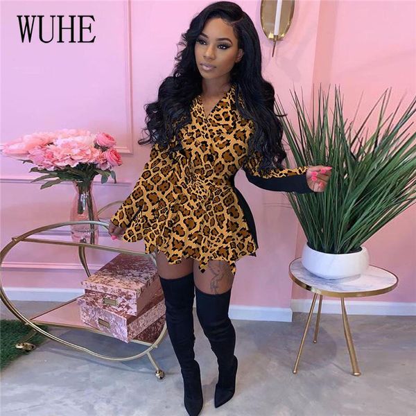 

wuhe leopard print spliced dress patchwork turn down collar long sleeve sashes elegant women pleated ruffles party clubwear, Black;gray