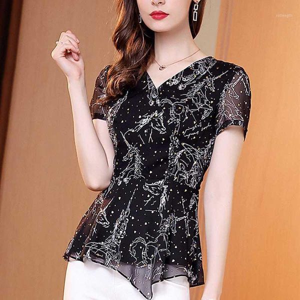 

women spring summer style chiffon blouses shirts lady casual short sleeve v-neck flower printed blusas dd88971, White