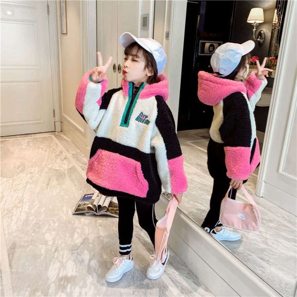

korean girls' plush thickened sweater winter new clothing 2020 medium and large children's hooded lamb wool pullover fashion ndam, Black