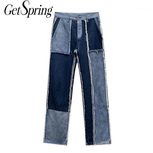 

women's jeans getspring wo men pants color matching straight retro jean trousers loose casual long boyfriend denim women 1, Blue