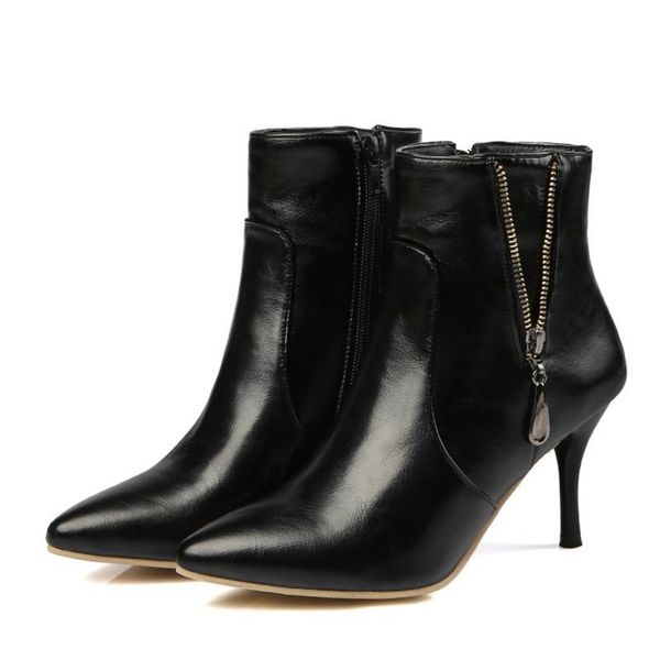 

boots 2021 autumn winter stiletto thin high heels pointed toe pu leather zipper style ankle womens plus velvet warm shoes, Black