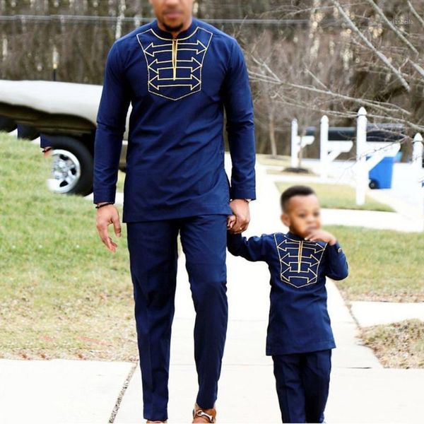 

h&d men kid boy african clothes long sleeve t shirt pants suit for male father son dashiki embroidery clothing party wears 20201, Red