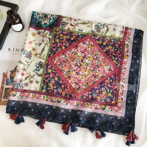 

silk scarf spring autumn scarf woman art art small fresh national wind spell color small broken flowers flow towel travel shawl wmtuhi, Blue;gray