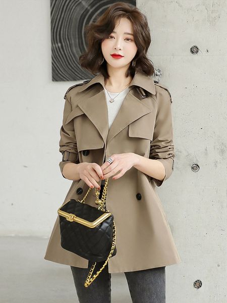 

2021 new spring autumn loose double lapel breasted classic oversize short trench coat with chic female jacket belt 7i5j, Black;brown