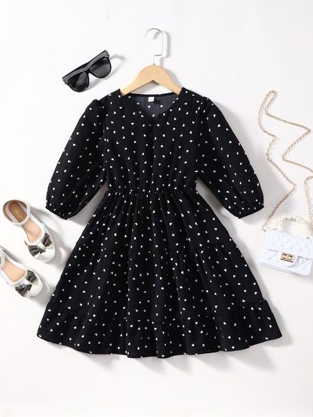 

girls confetti heart print lantern sleeve dress she, Red;yellow