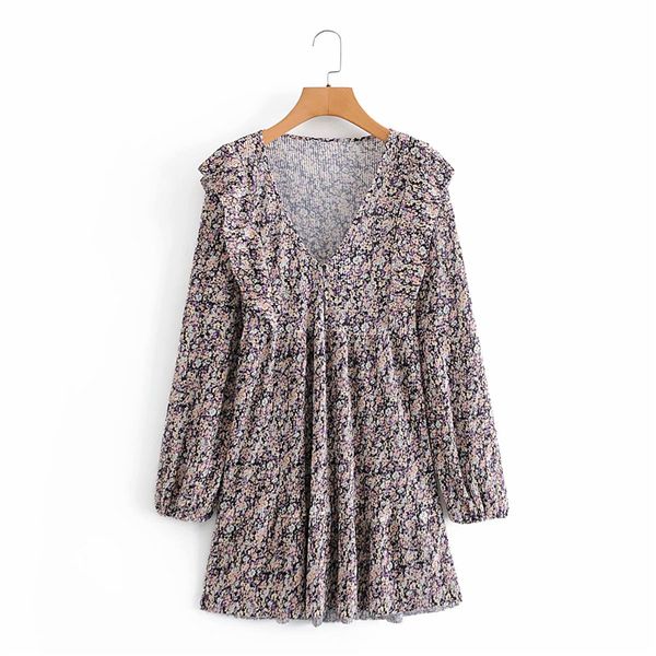 

2021 new streetwear shirts flare print camisas moda senhoras babados mini vestido vintage feminino causal v-neck plissado camisa n190, Black;gray