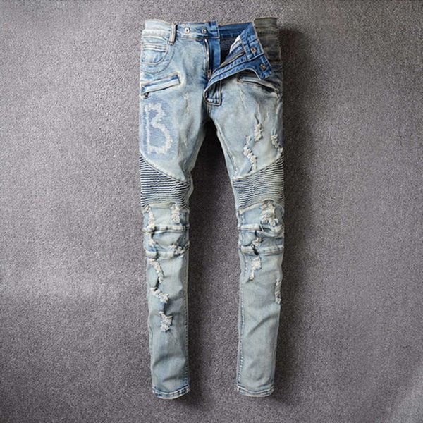 

2021new fashion mens distressed ripped jeans straight motorcycle biker jeans causal denim pants streetwear style luxury mens skinny jeans, Blue