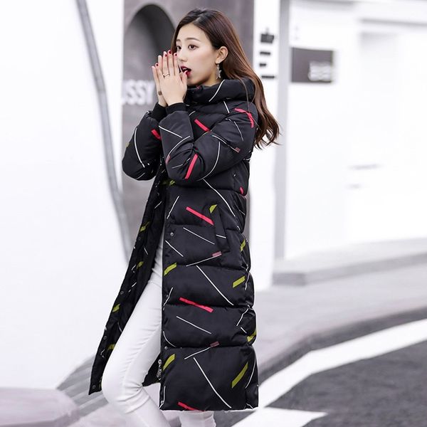 

parka woman basic jackets hooded warm cotton outwear women winter jackets female coat long slim print women down jackets 201110, Black