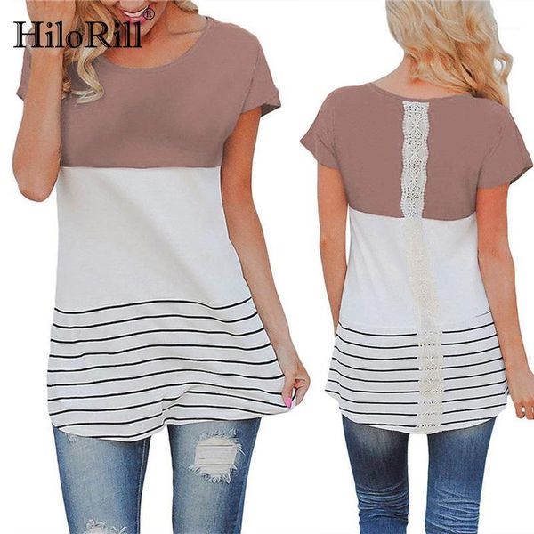 

hilorill women summer t-shirt 2020 short sleeve lace patchwork t shirt casual o-neck striped tshirt tees femme camisetas1, White