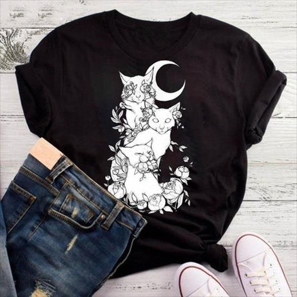 

punk gothic cat head moon t shirt cute hipster fashion women 100% cotton aesthetic camisetas tee tshirt drop shipping, White