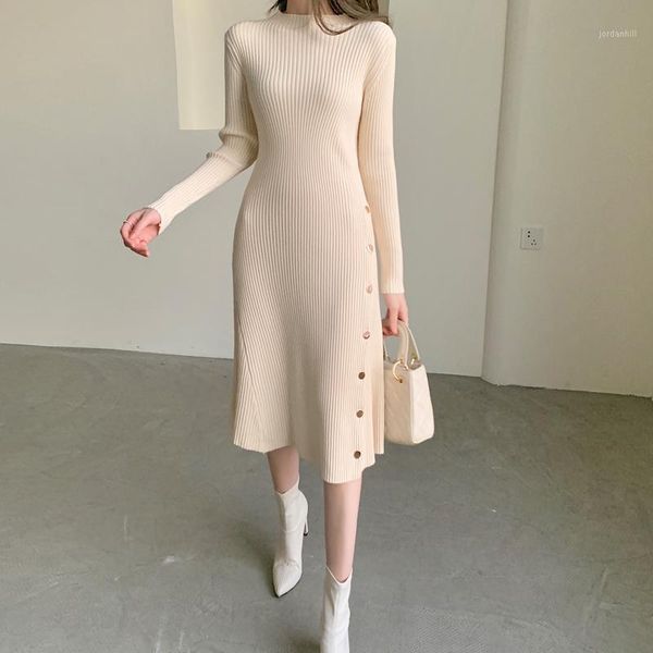 

women o-neck buttons sweater dress long sleeve slim waist female knitted mid-length dress autumn winter1, Black;gray