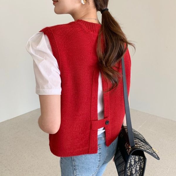 

2021 new female fashion vest oversized solid to-neck without sleeves knitting pullover split back vests autumn mesh size ajaz, Black;white