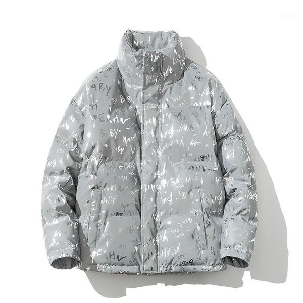 

winter cotton-padded coats 3m reflective thicken jacket fashion graffiti pattern warm stand-up collar thick outerwear clothing1, Black