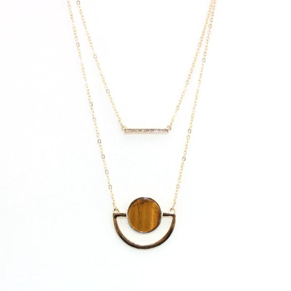 

fyjs unique light yellow gold color alloy round tiger eye stone pendant layer link chain necklace malachite jewelry, Silver