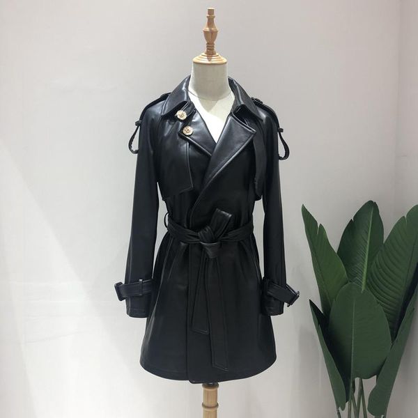 

sellers woman coats 100% natural 2020 fashion sheepskin leather windbreaker female jackets belt decoration, Black