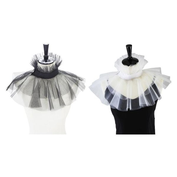 

women victorian mesh ruffled fake stand collar layered tulle button neck ruff clown choker shawl wrap cosplay qylilb, Blue;red