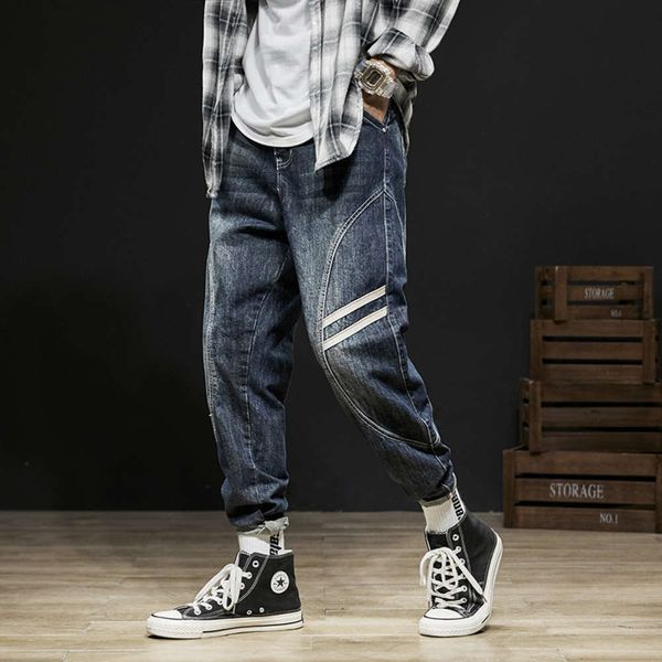 

autumn new tooling washing jeans men's fashion brand loose harem chic large stitched leg pants, Blue