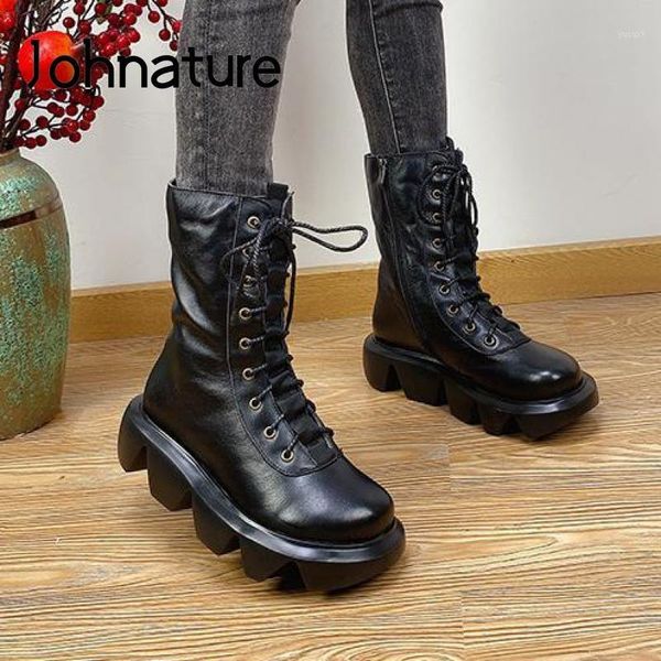 

boots johnature 2021 winter shoes women genuine leather lace-up wedges handmade round toe zip fashion ankle platform boots1, Black