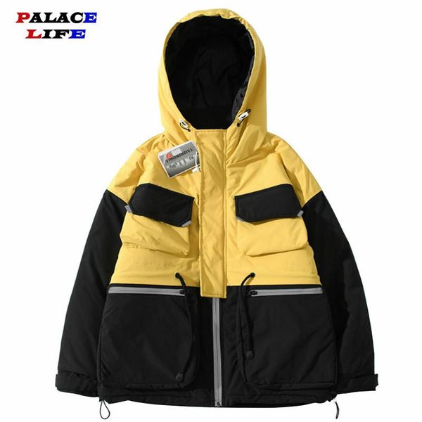 

men hip hop hooded padded jacket coat color block patchwork reflective streetwear jacket harajuku cotton winter parka coat warm, Black