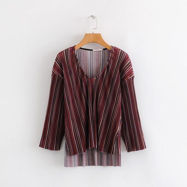 

women's blouses & shirts women vintage colorful striped blouse v neck pleated long sleeve asymmetrical design casual loose blusas1, White