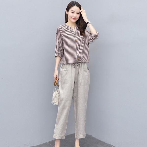 

cloxt женщин в два-р и костюм top trouserscotton и белье trousers2020 лето новых женщин корейский брюки в стиле топ пят полосатые белье с, Gray