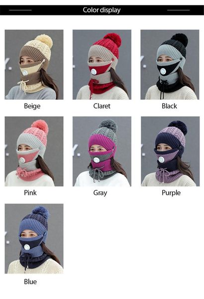 

beanie/skull caps 1pcs women's winter thick warm hat face mask bib one-piece plus velvet outdoor cold protection color matching knitted, Blue;gray