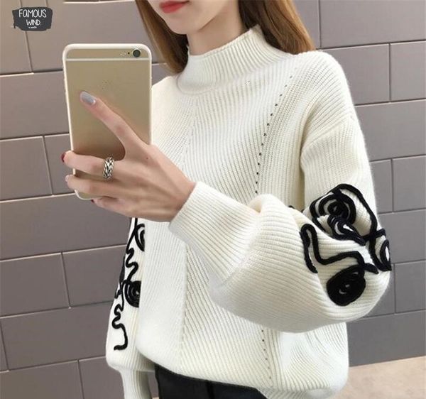 

sweater women korean pull femme hiver jumper puff sleeve pullover sueter mujer turtleneck crochet knitted sweaters 36816, White;black