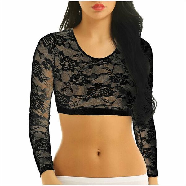 

transparent crop women short sleeve flower mesh sheer camisole crop female shirt blouse tee women, White