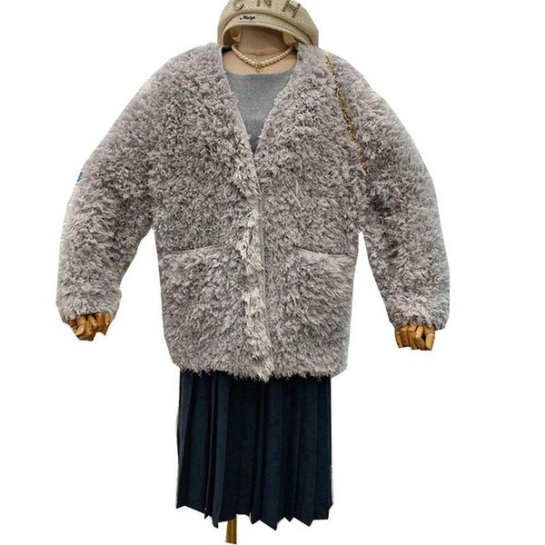 

women's fur & faux anti coat 2021 autumn winter fashion all match v neck one plush outwear warm solid color jacket female parka bc207, Black