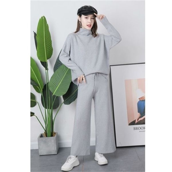 

2021 new female sportswoman two-piece solid knitted suits knit knitting hoodie empire waist wide leg women's pants winter fashion nku2, Gray