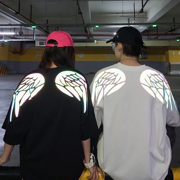 

ofox9 couple's wearnational minority design clothing summer ins tide reflective couple t-shirt wear wing sense couple dressloose men an, White