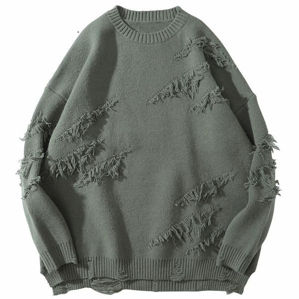 

men's sweaters hip hop streetwear knitted sweater 2021 men vintage retro plain ripped pullover cotton harajuku casual loose, White;black