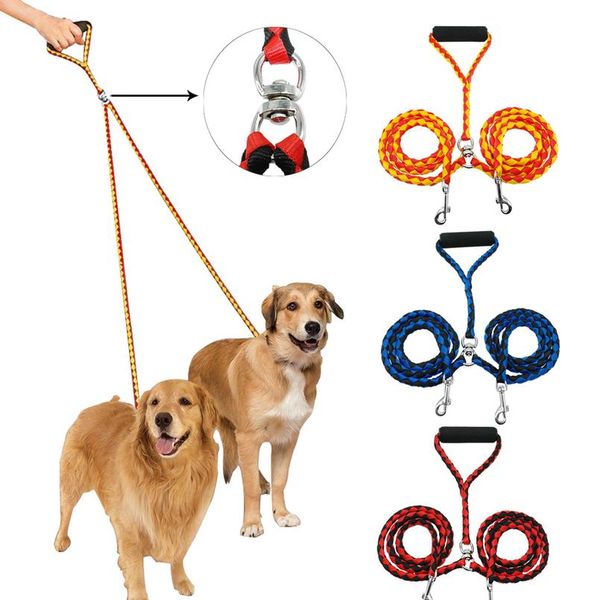 

2 way nylon dual dog leash double lead rope no-tangle durable walking leashes strong for 2 dogs with soft padde jlldwg