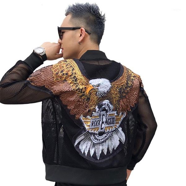 

2018 spring summer men's clothing eagle embroidered sequins jacket hollow out desige slim outerwear hip hop rock coat1, Black;brown