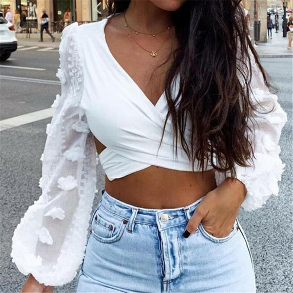

elegant ol women shirts celmia 2019 fashion long lantern sleeve lace blouses v neck backless cross crop casual blusas, White
