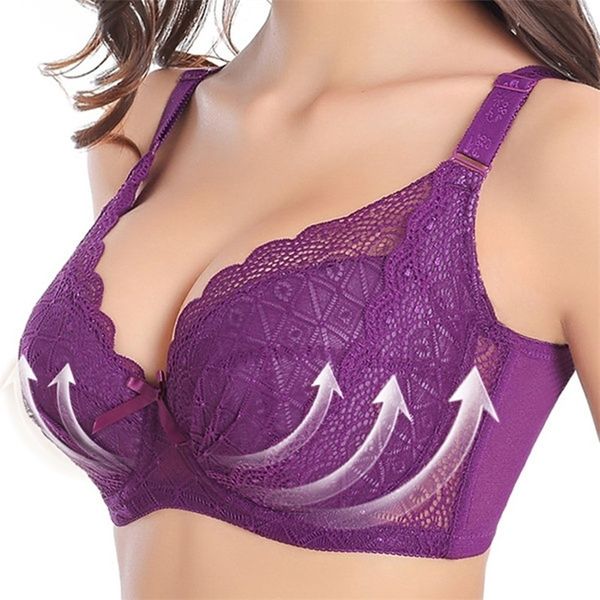 

lace bra push up bra c d e f cup plus size women underwear underwire brassiere purple black pink blue 34 38 42 46 50 lj201208, Red;black