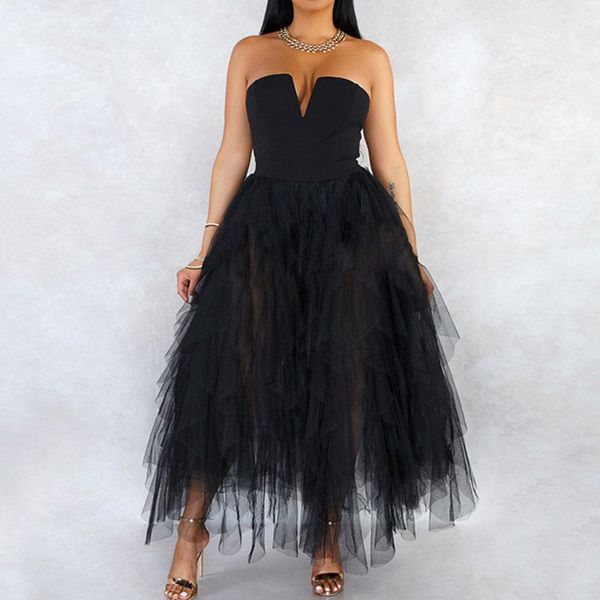 

black strapless tulle dress women summer backless a line long tutu mesh clubwear dresses party night club dress 2021, Black;gray