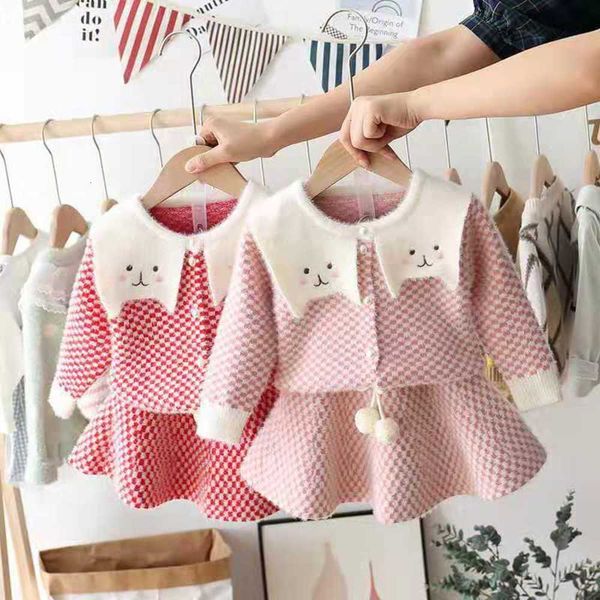 

and korean autumn winter children's sweater girls cartoon cardigan waterproof mink veet suit drs two piece set, Blue