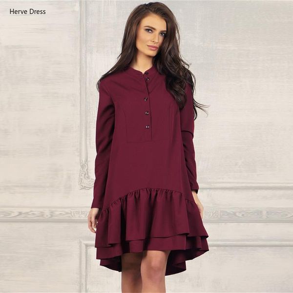 

women casual solid ruffles dress office ladies stand collar long sleeve a line elegant party dress 2021 women autumn mini, Black;gray