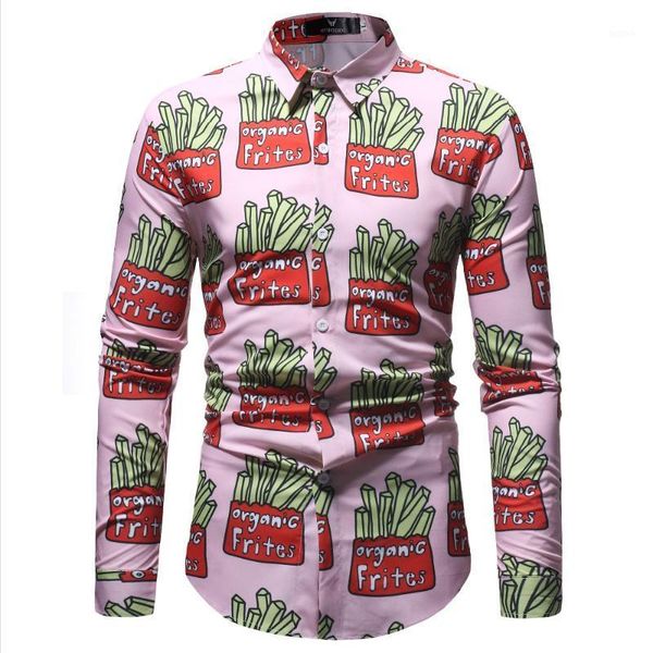 

french fries prinded floral shirts 2021 new brand fashion mens long sleeve shirt casual mens business clothes plus size1, White;black