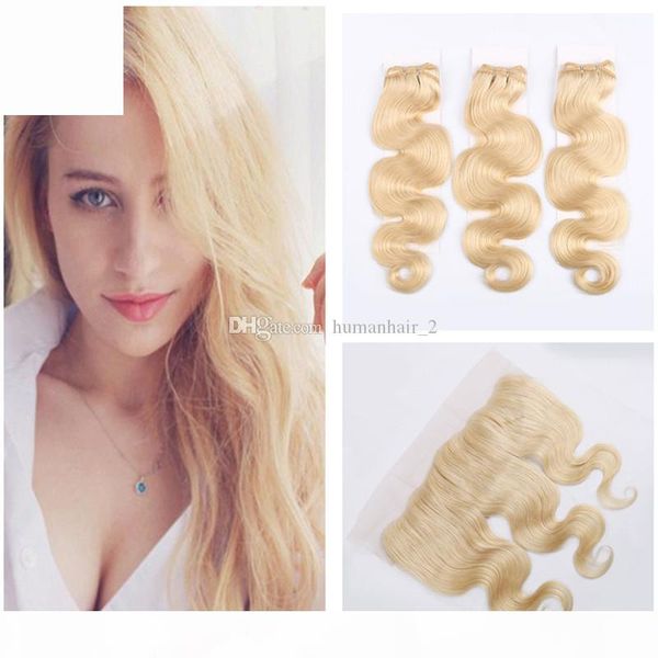 

indian virgin hair 613 blonde body wave human hair weave 3 bundles with lace frontal 13*4 ear to ear frontal with baby hair, Black;brown