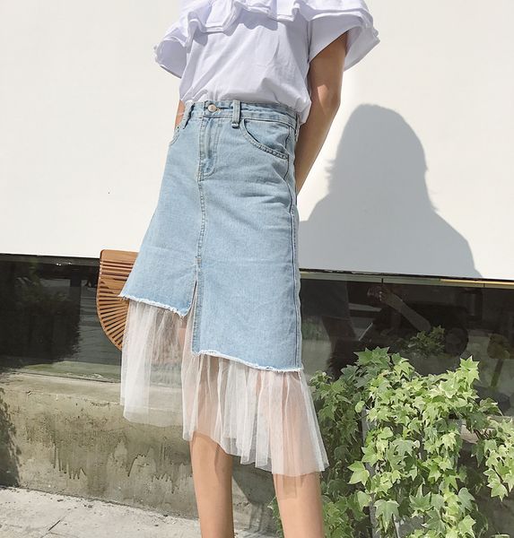 

2021 new summer fashion asymmetry jeans women high waist casual vintage mesh patchwork long denim skirt 7sk9, Black