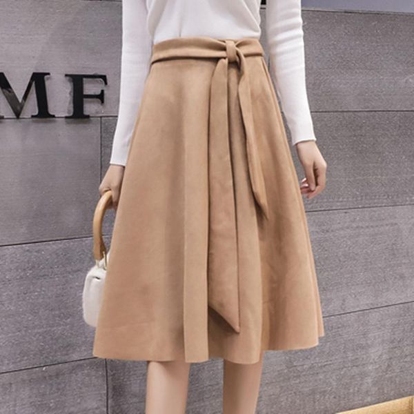 

skirts neophil 2021 winter women fashion suede midi high waist bow sashes flare a-line pleated casual elegant female skirt s9924, Black